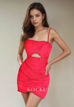 Chic & Modern Spaghetti Straps Square Sheath Ruched Party Homecoming Dress