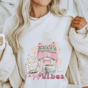 Cozy Vibes Women's Winter or Christmas T-Shirt Cute Gnome Cozy Christmas Gift Shirt