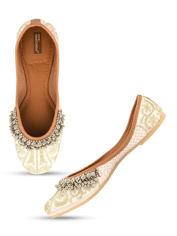 DESI COLOUR Flat Footwear/Mojari/Punjabi Jutti/Bellies for Women - Embroidered Gungroo (Off White, 8)