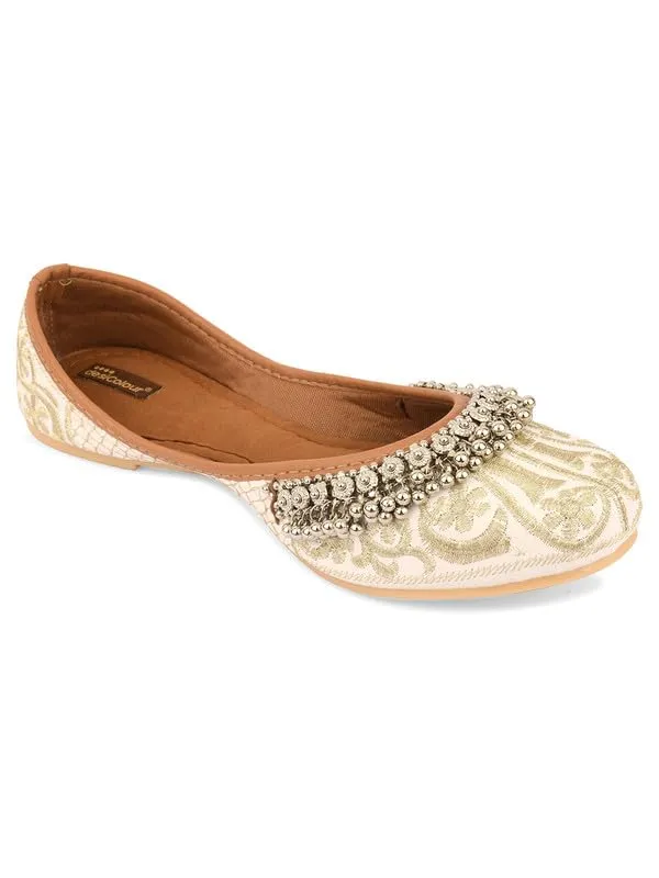 DESI COLOUR Flat Footwear/Mojari/Punjabi Jutti/Bellies for Women - Embroidered Gungroo (Off White, 8)