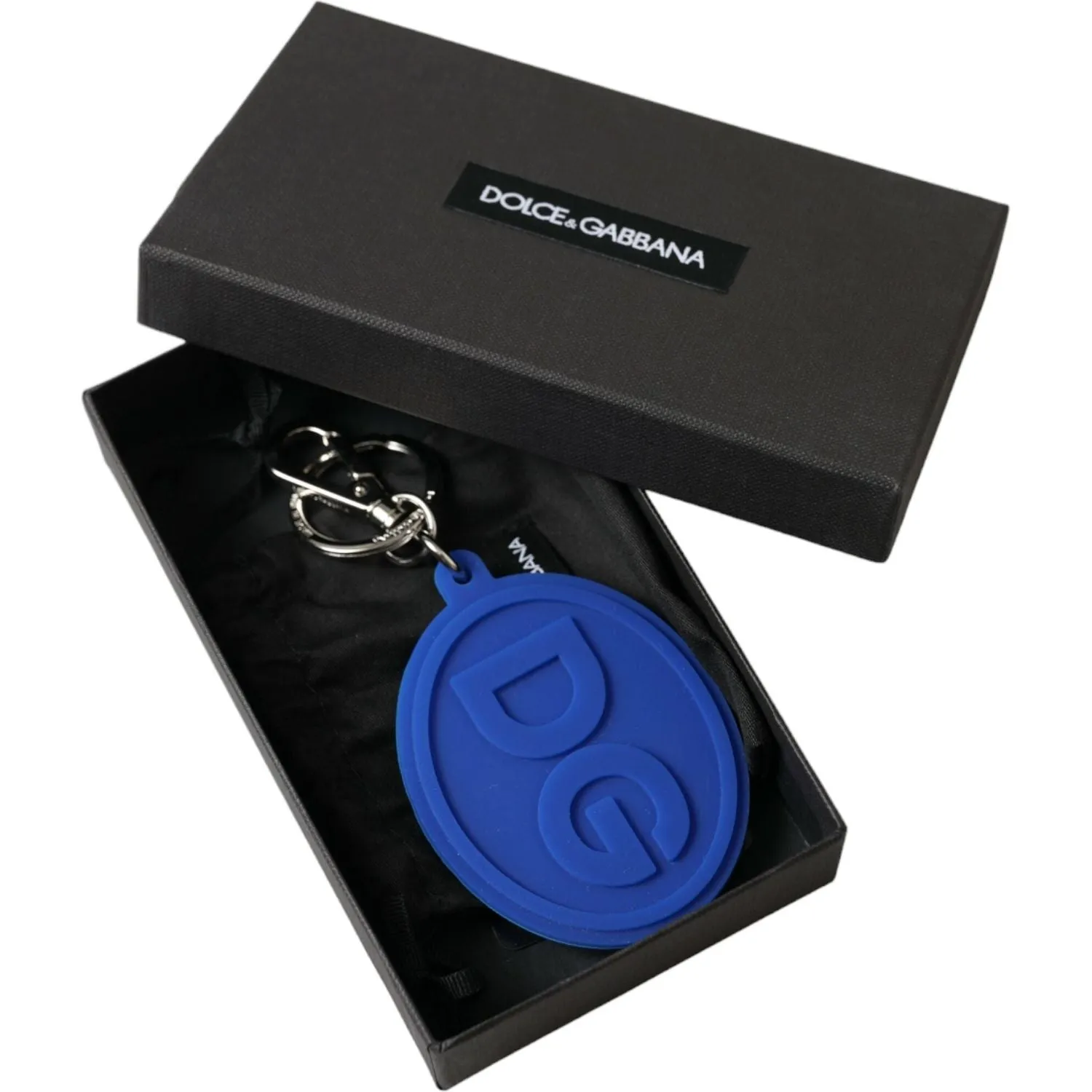 Dolce & Gabbana Elegant Blue Rubber Keychain with Brass Accents