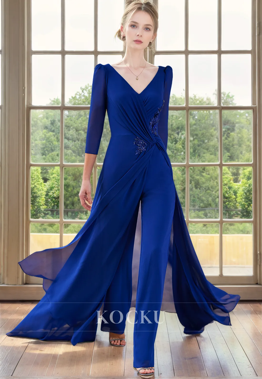 Elegant & Simple Long sleeves V-Neck Two-Piece Cocktail Mother of the Bride Dress