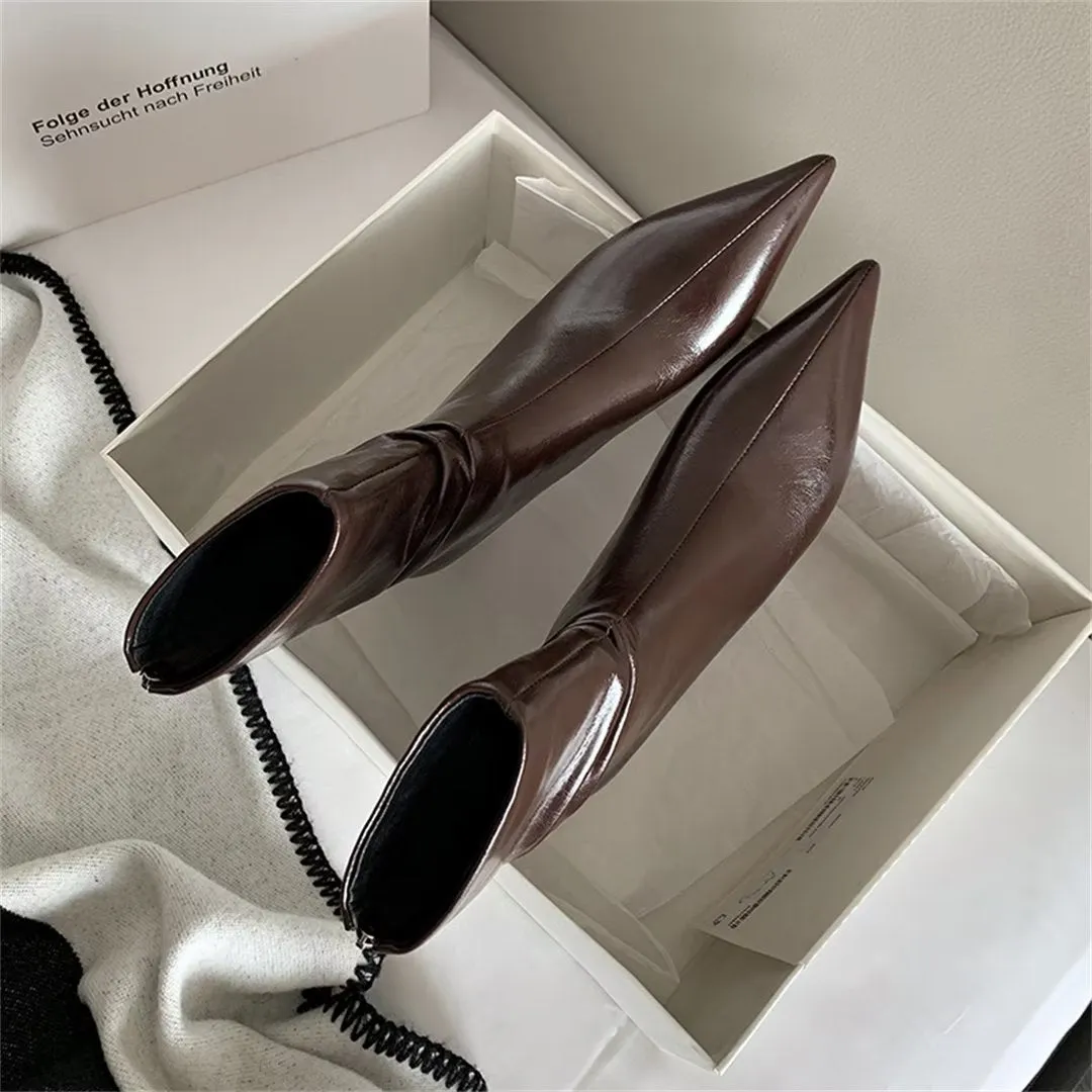 Elegant Cow Leather Pointed Toe Sky-High Heel Boots