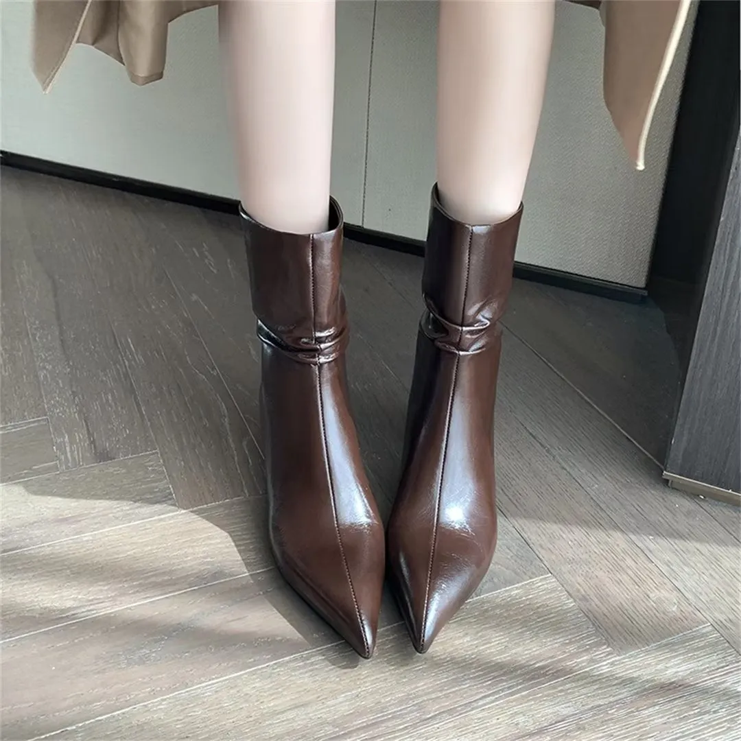 Elegant Cow Leather Pointed Toe Sky-High Heel Boots