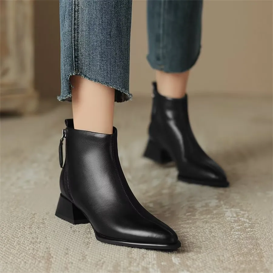 Elegant Cow Leather Pointed Toe Wedge Heel Boots