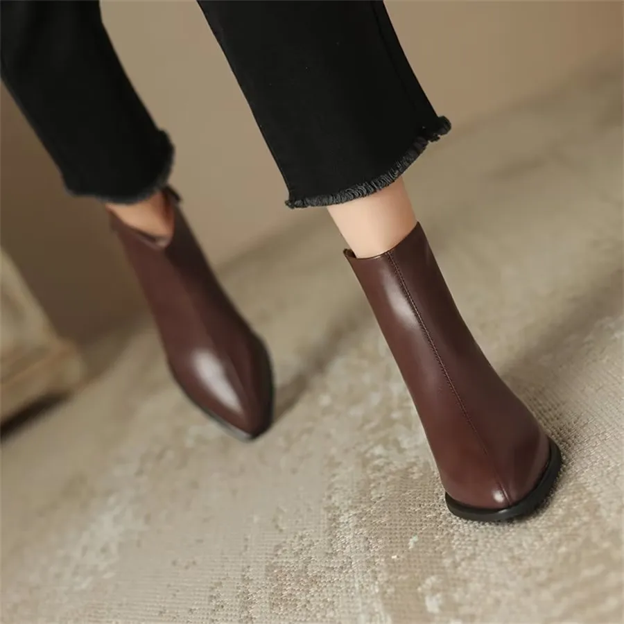 Elegant Cow Leather Pointed Toe Wedge Heel Boots