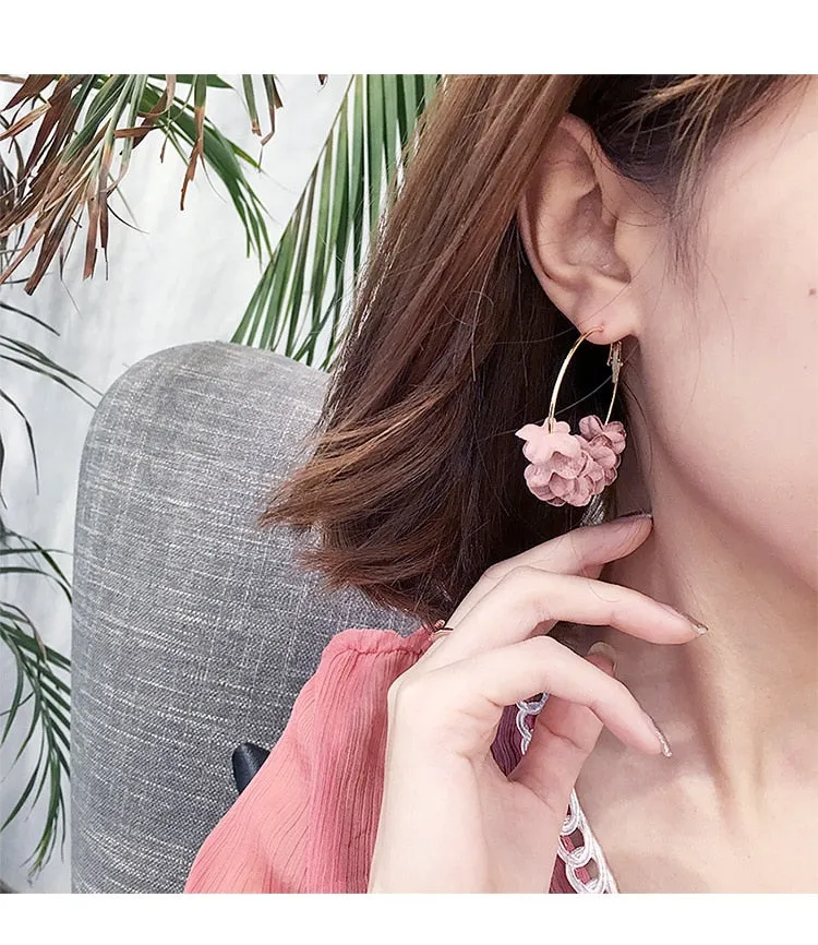 Elegant Fabric Flower Drop Earrings