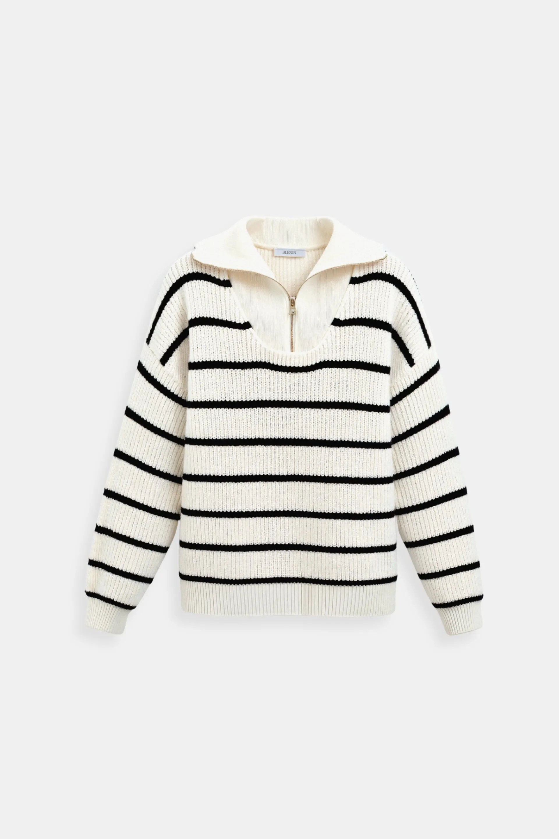 Elegant Heavy Striped Pattern Quarter Zip Collared Sweater