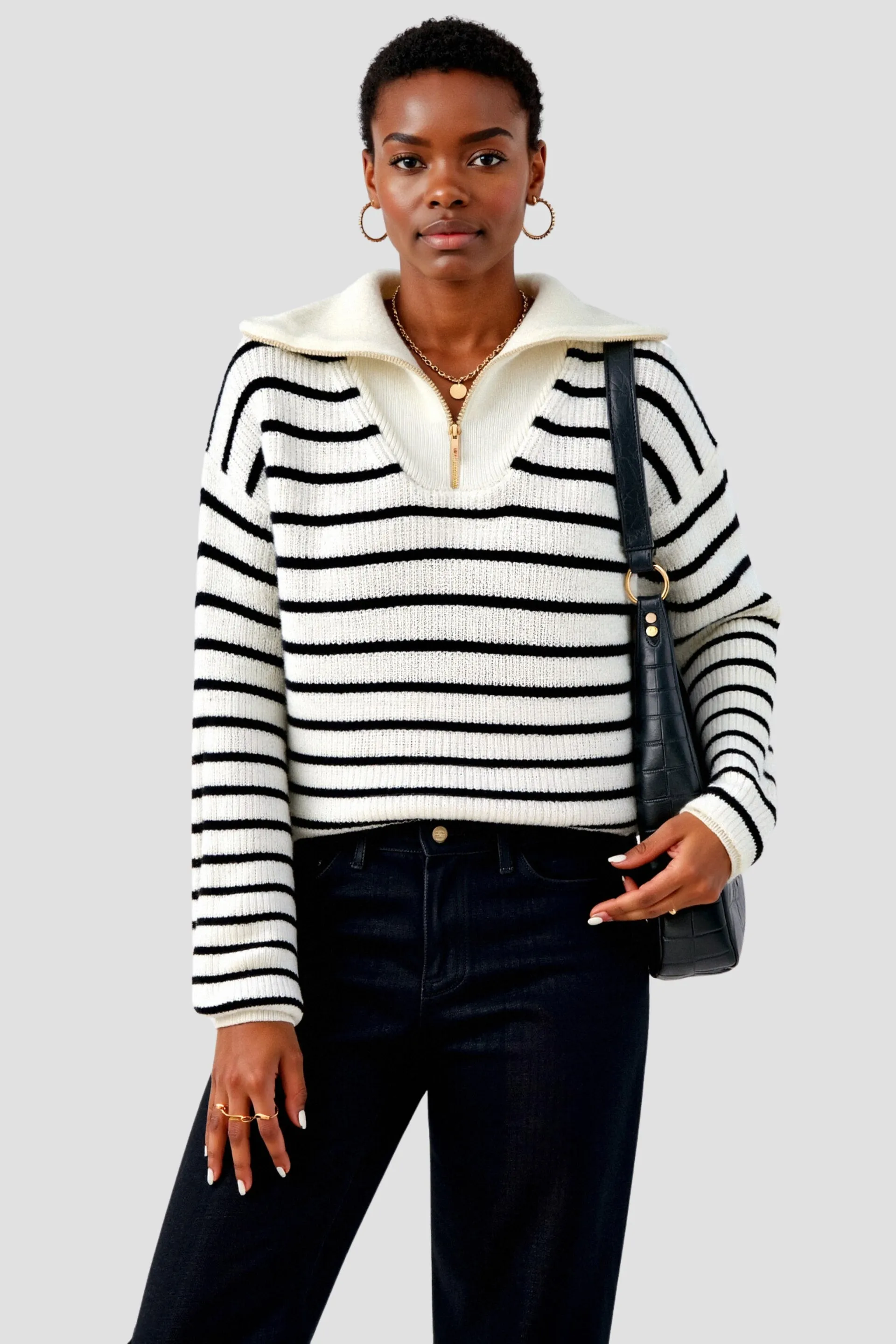 Elegant Heavy Striped Pattern Quarter Zip Collared Sweater