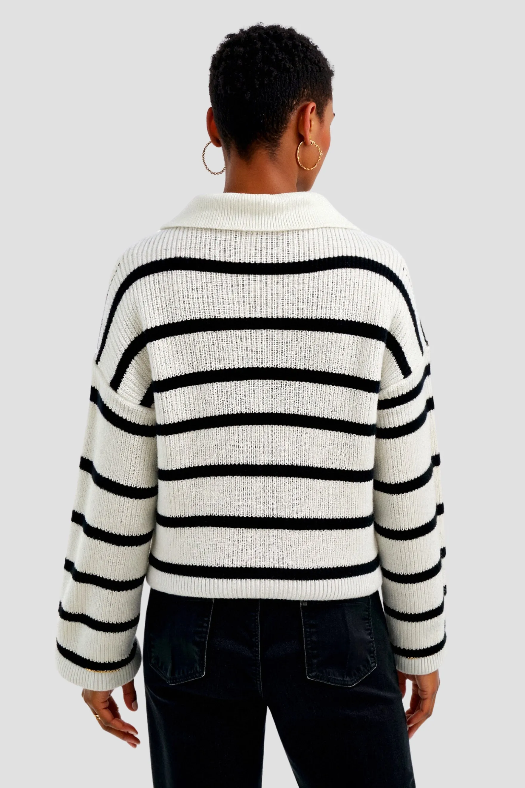 Elegant Heavy Striped Pattern Quarter Zip Collared Sweater