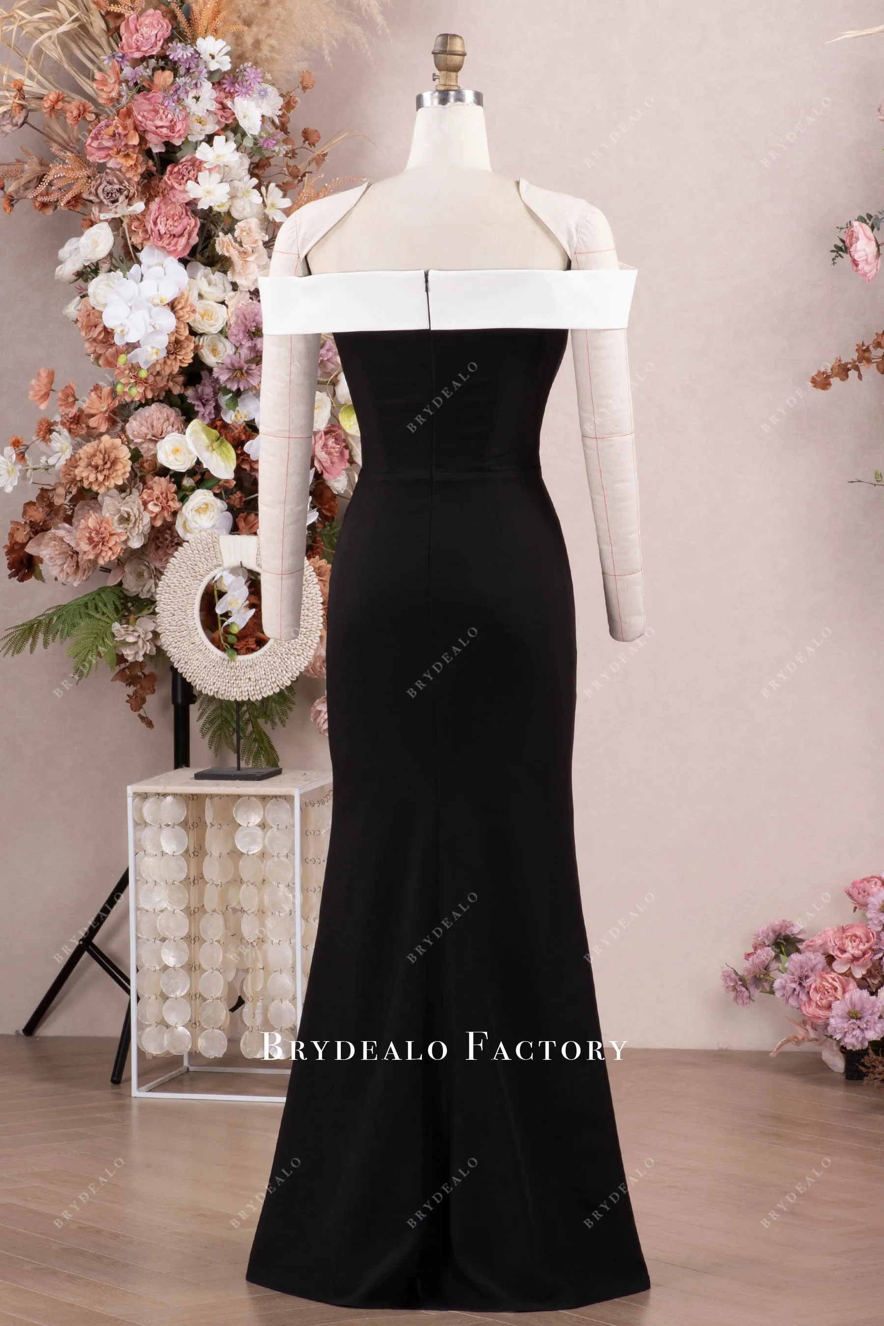 Elegant White Black Crepe Fit Flare Formal Dress