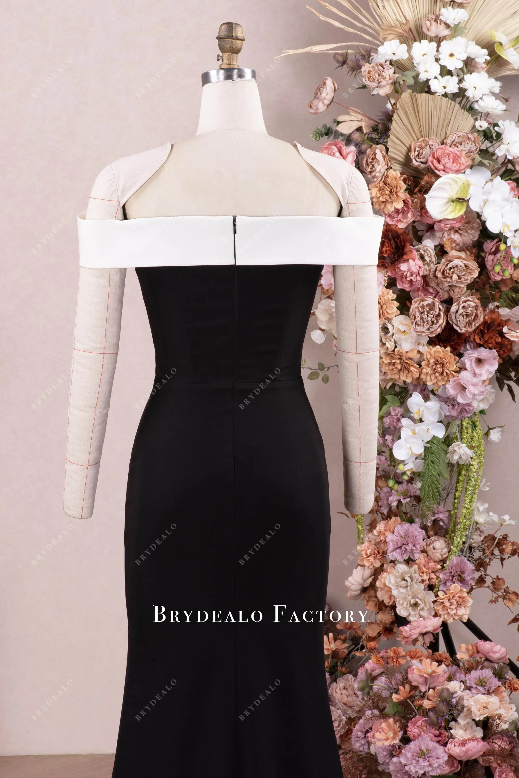 Elegant White Black Crepe Fit Flare Formal Dress