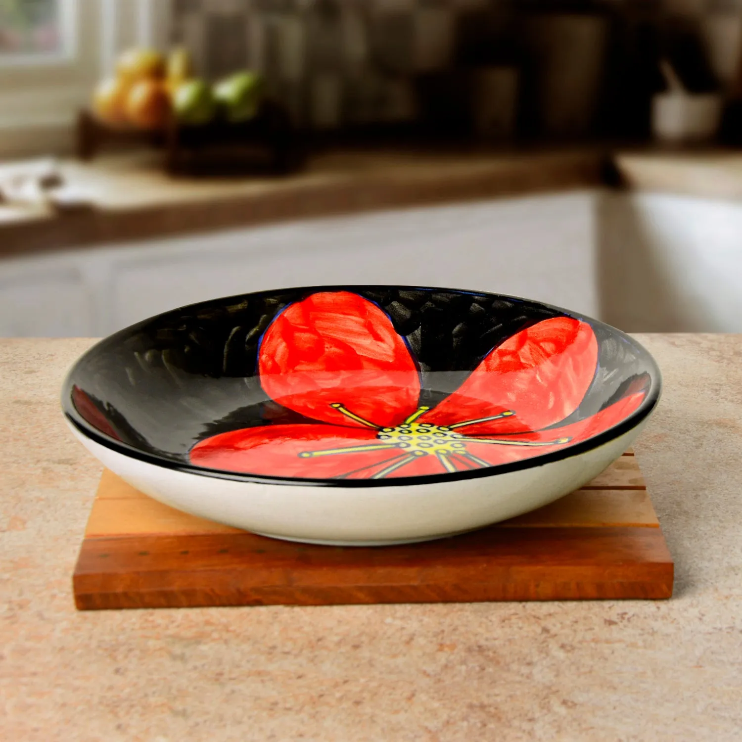 Hand Painted Chic and Sleek Ceramic Shallow Serving Bowl (8.5 icnhes , Red and Black)