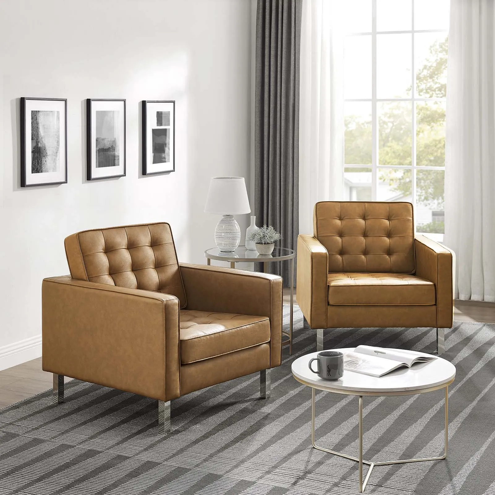 Loft Tufted Vegan Leather Armchairs - Set of 2 Silver Tan EEI-4101-SLV-TAN