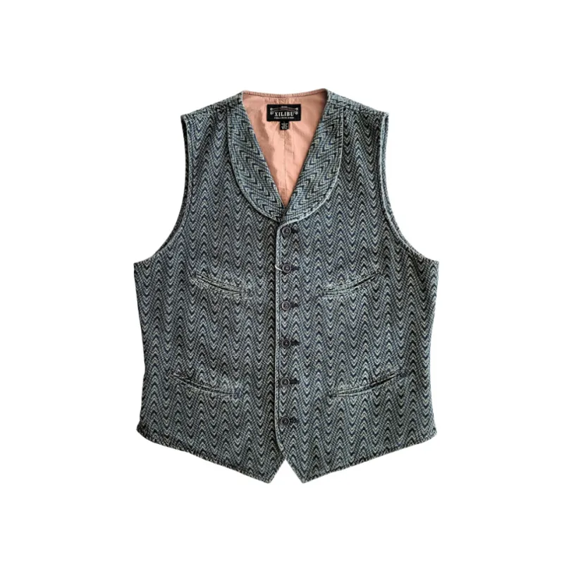 Men's Indigo Shawl Collar Jacquard Vest