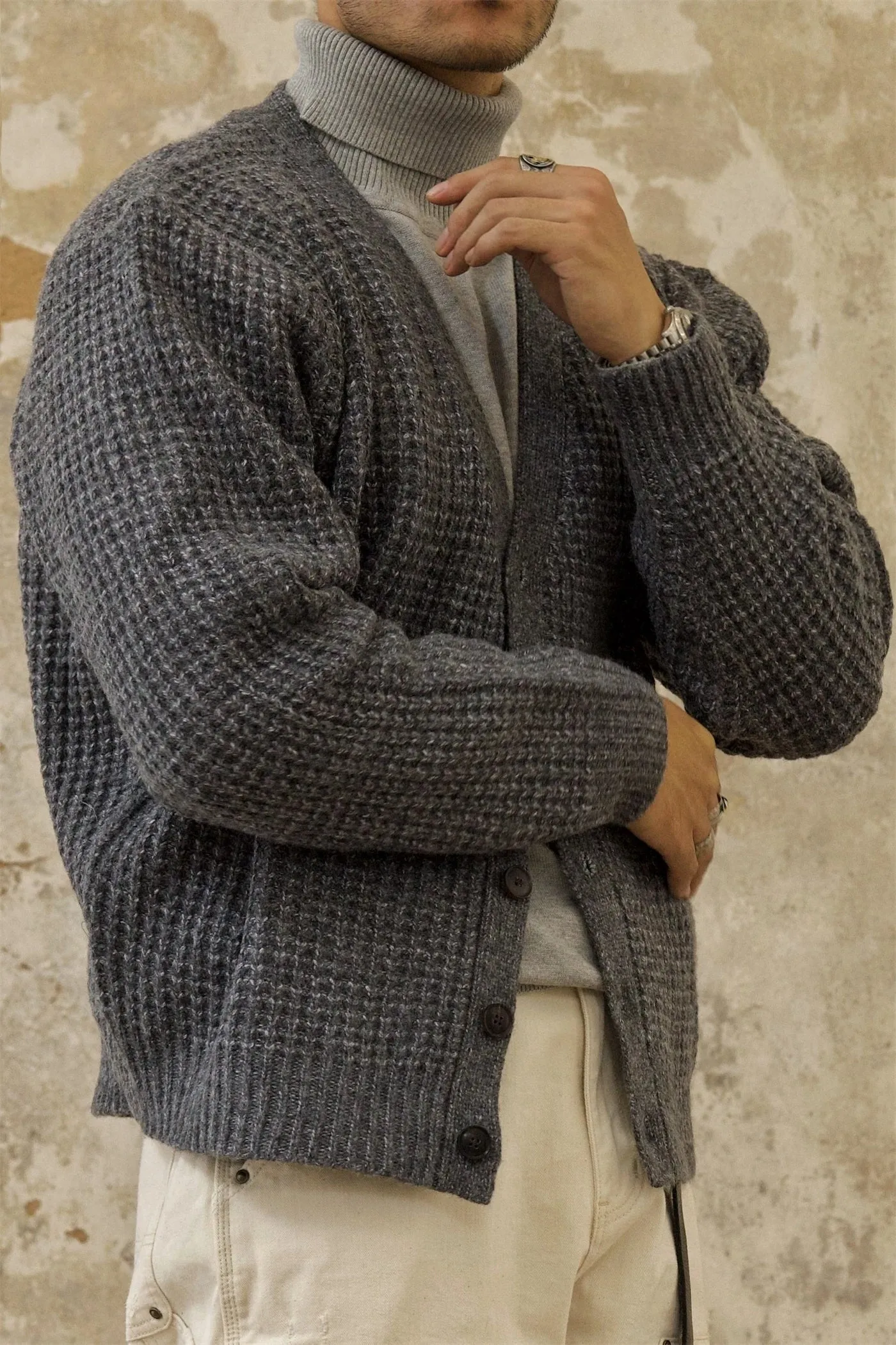 Men's Waffle V-neck Cardigan