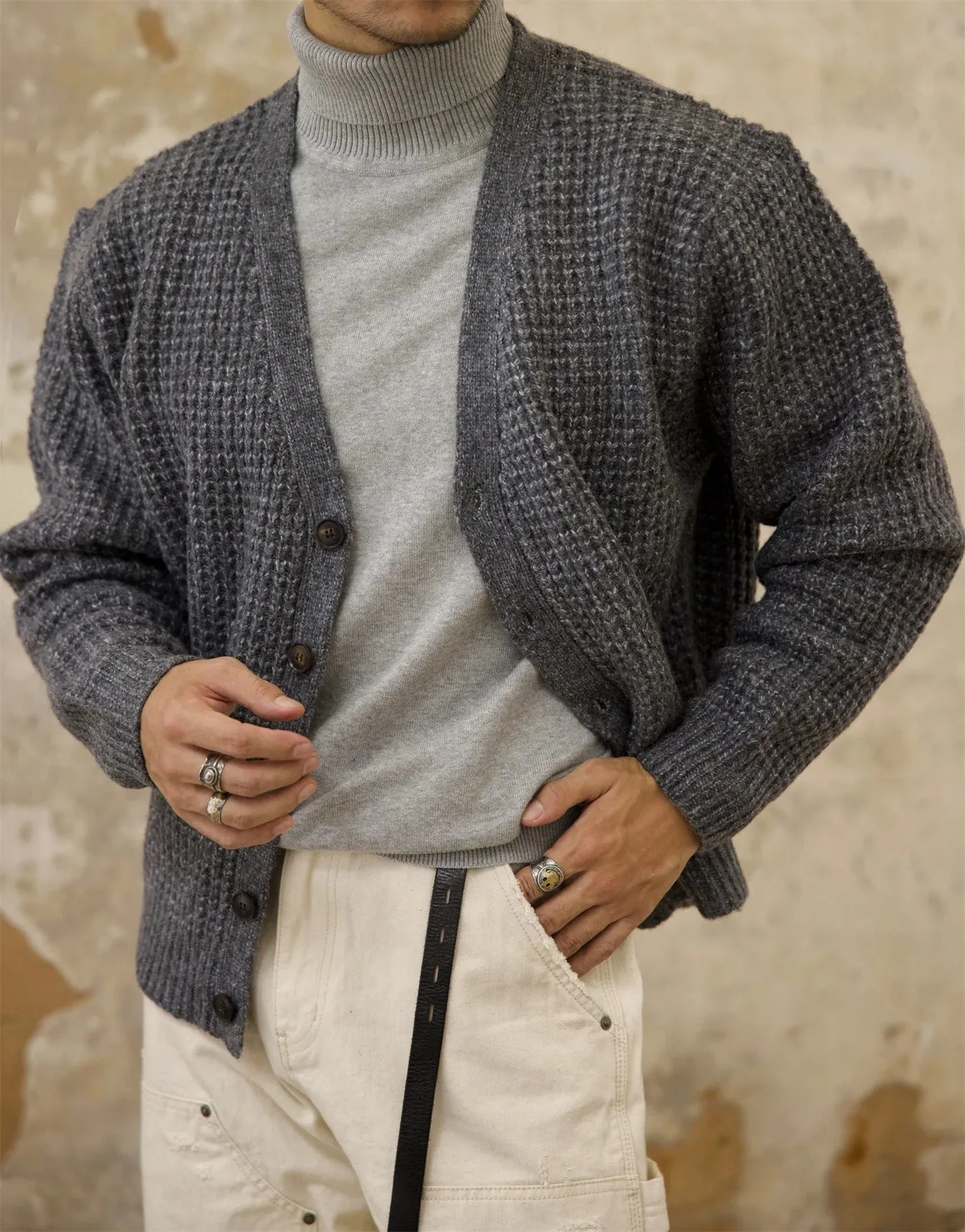 Men's Waffle V-neck Cardigan