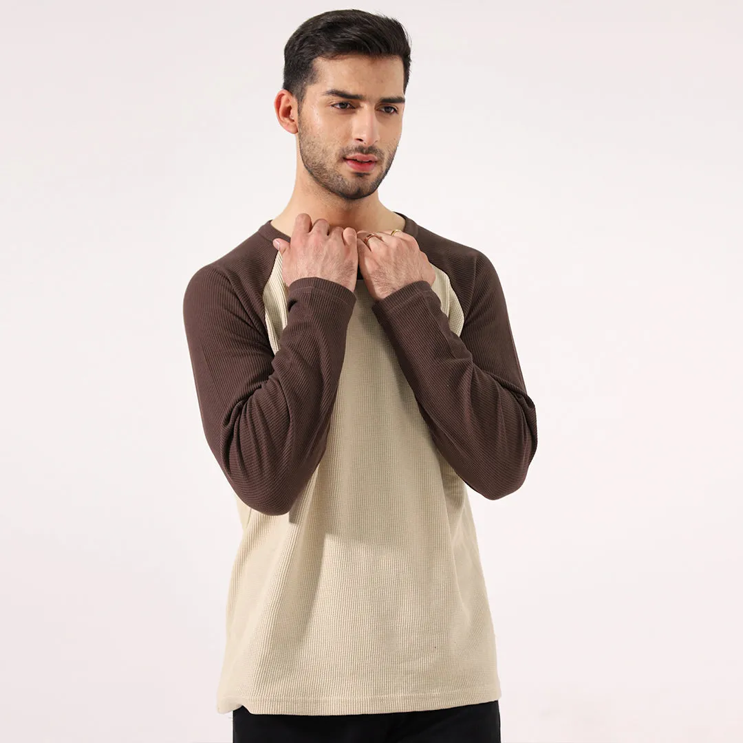 Offwhite/Brown Raglan Long Sleeve Waffle T-Shirt