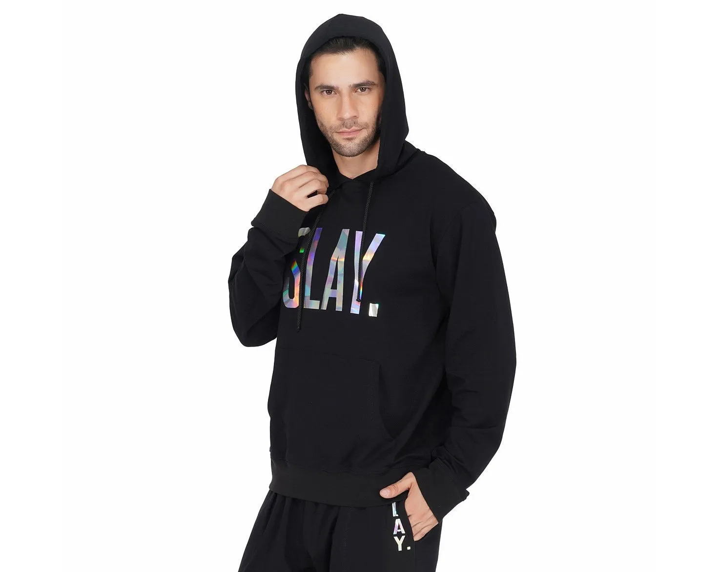 SLAY. Classic Men's Holographic Reflective Print Black Hoodie 💎 Edition