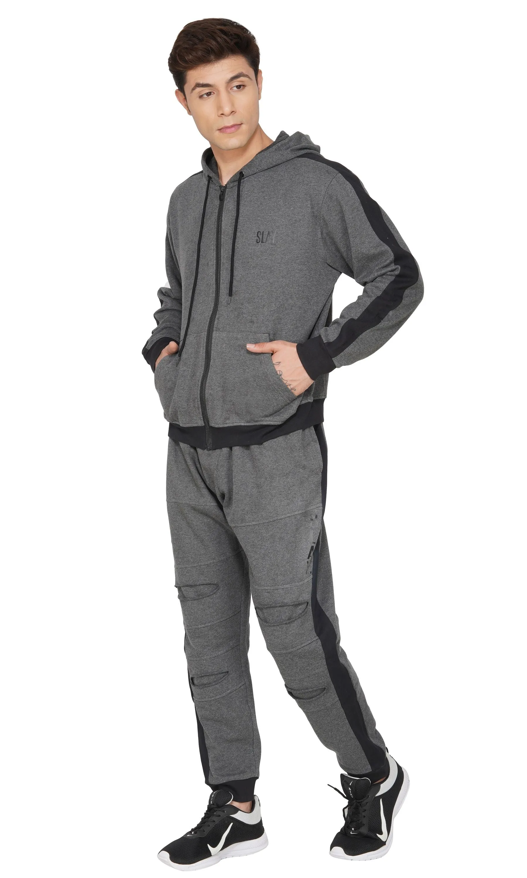 SLAY. Men's Dark Grey Tracksuit with Black Side Stripes