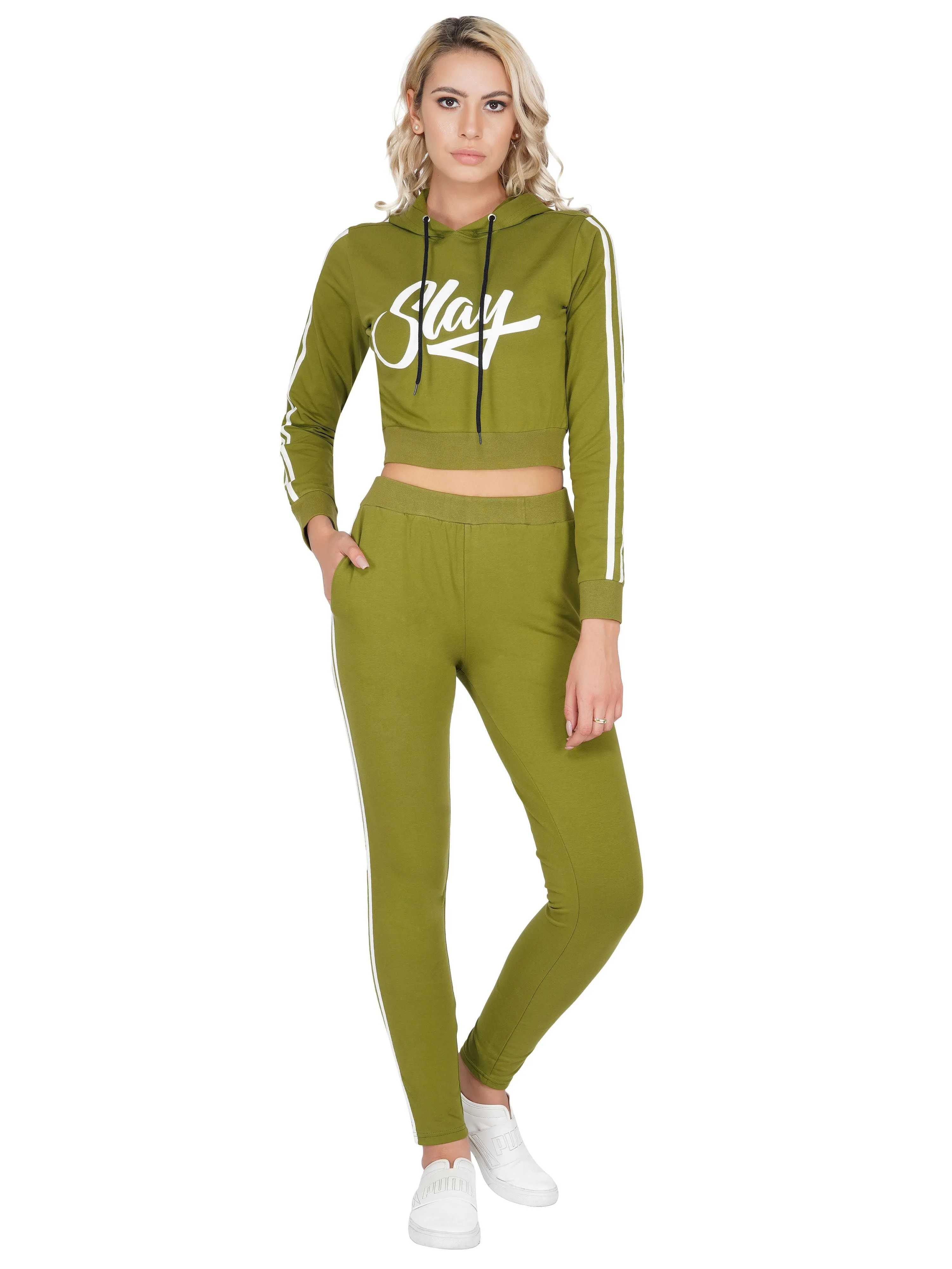 SLAY. Sport Women's Activewear Olive Green Printed Tracksuit with White Side Stripes