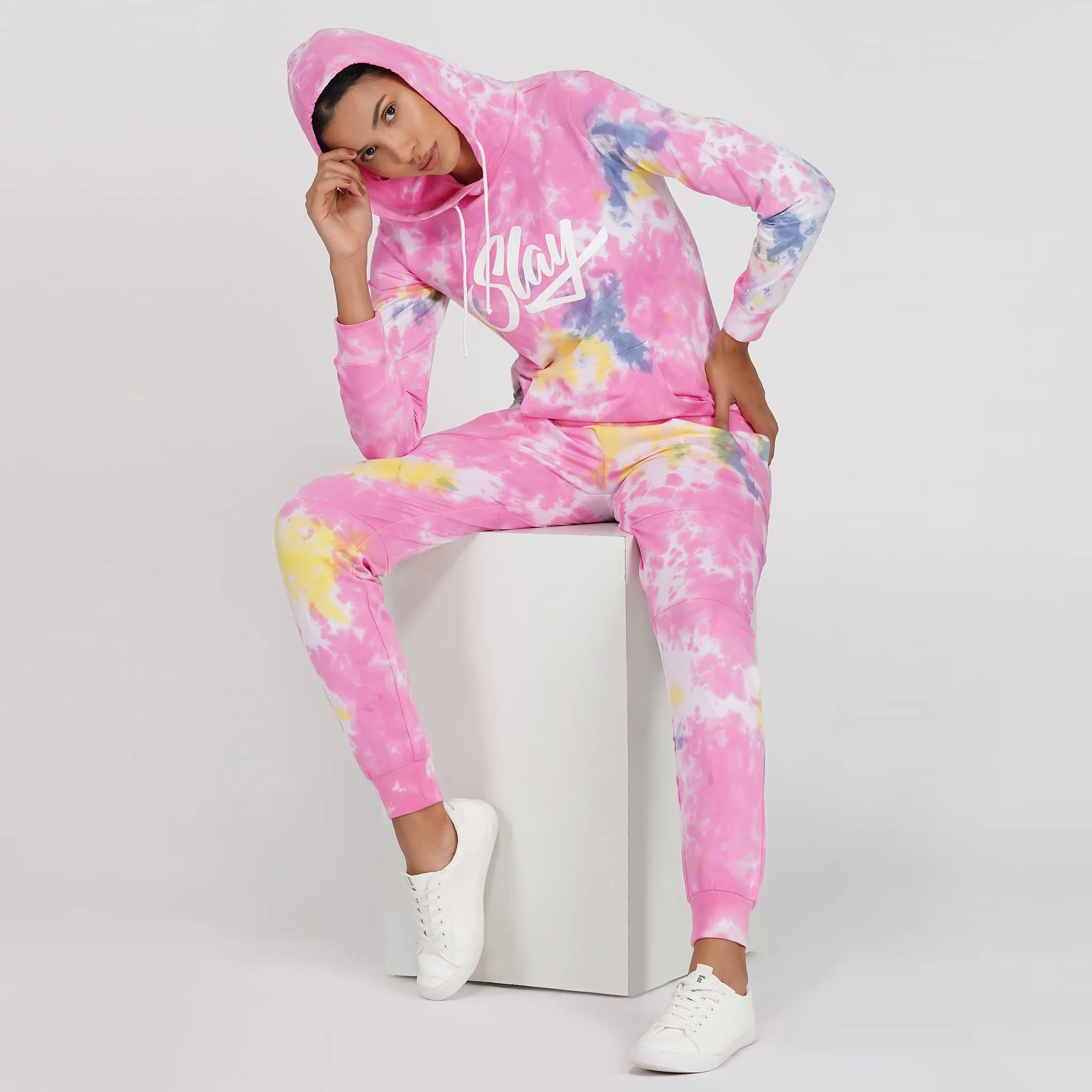 SLAY. Sport Women's Pink Tie Dye Tracksuit Hoodie & Joggers Activewear Co-ord Set