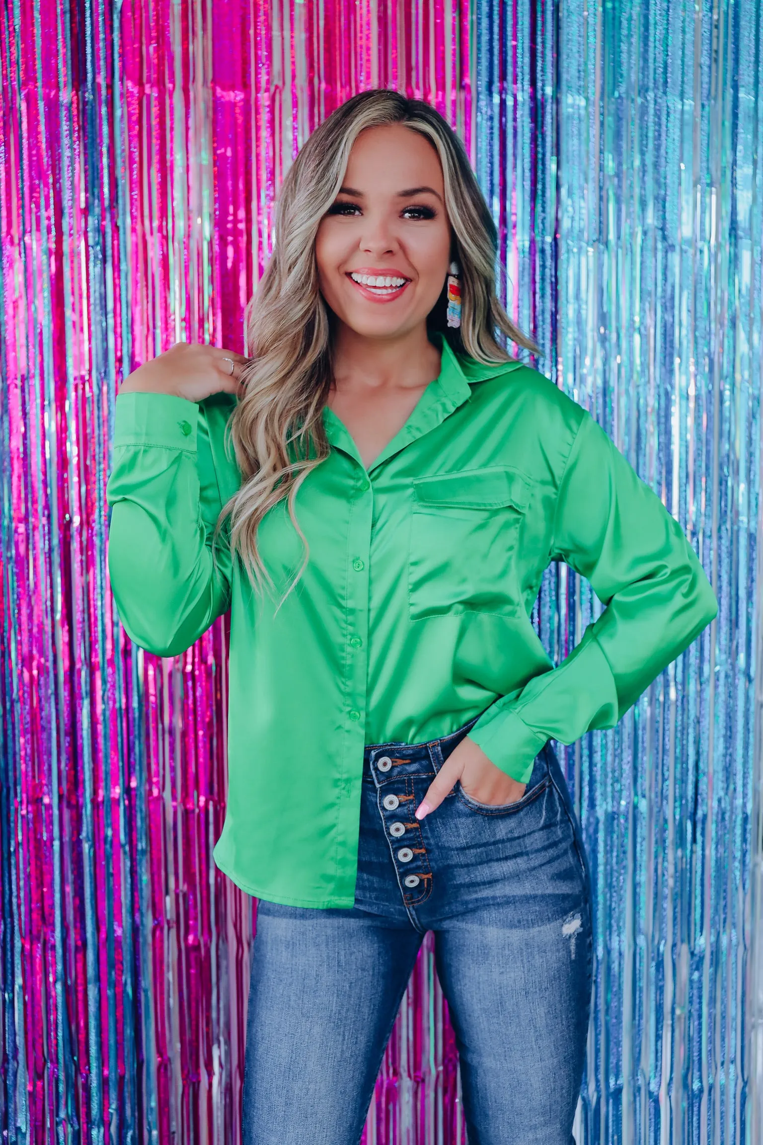 Sleek Satin Collared Blouse - Green