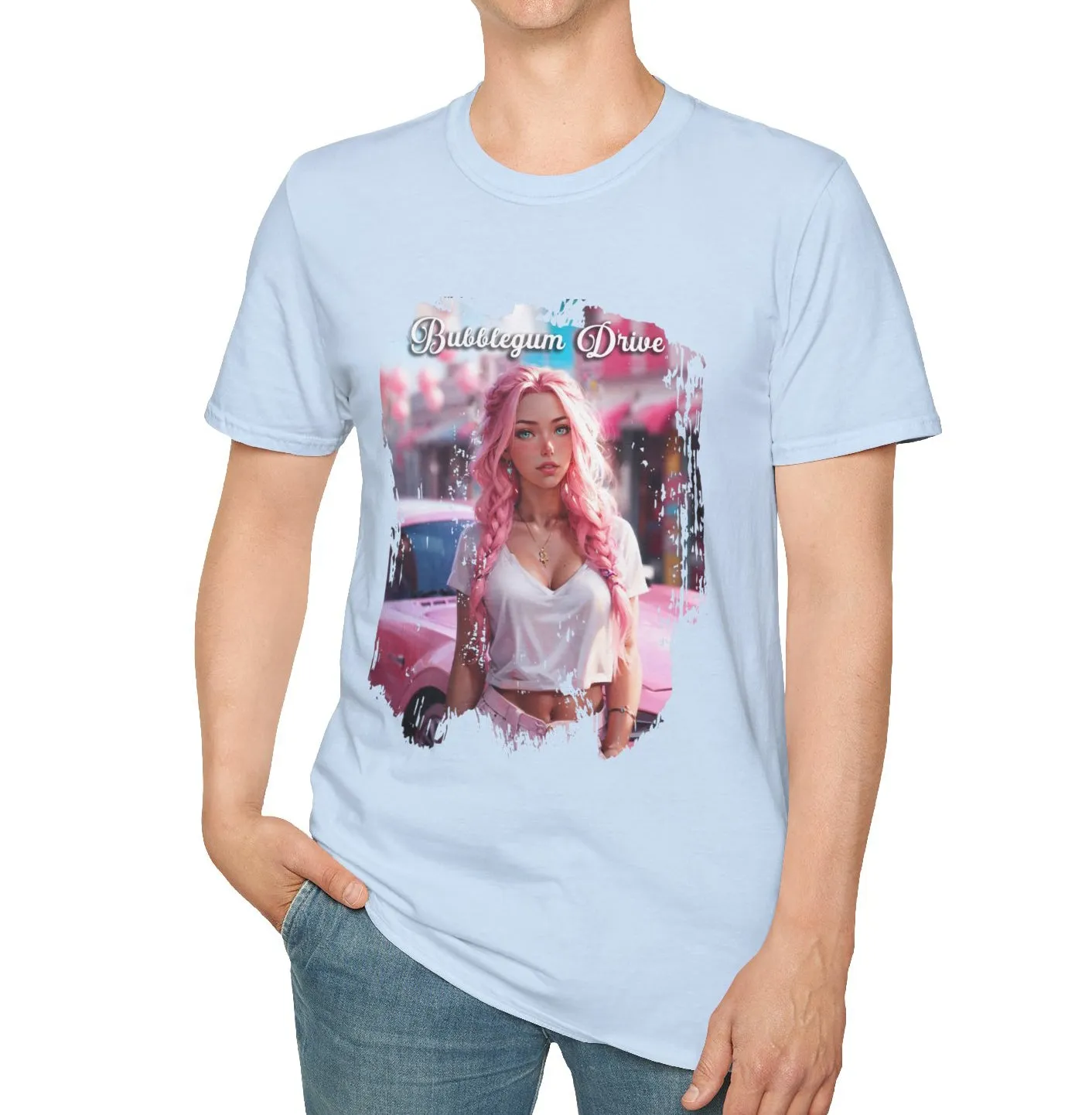 Unisex Softstyle T-Shirt - Bubblegum Drive, Elegant Pink Car