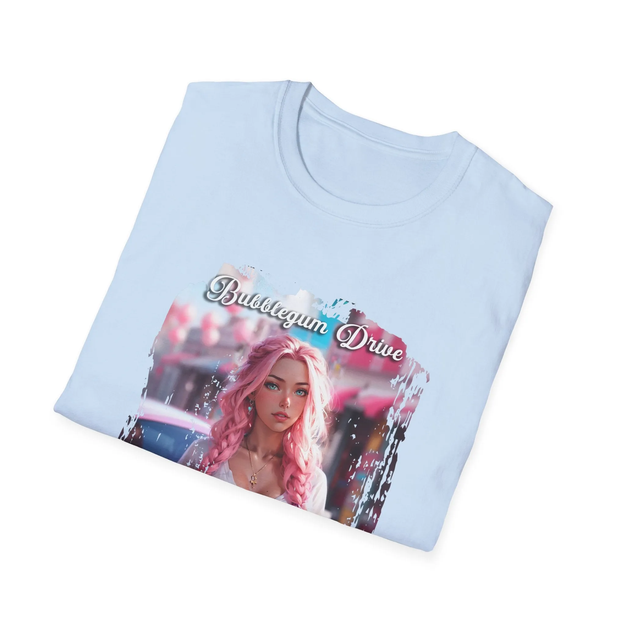 Unisex Softstyle T-Shirt - Bubblegum Drive, Elegant Pink Car