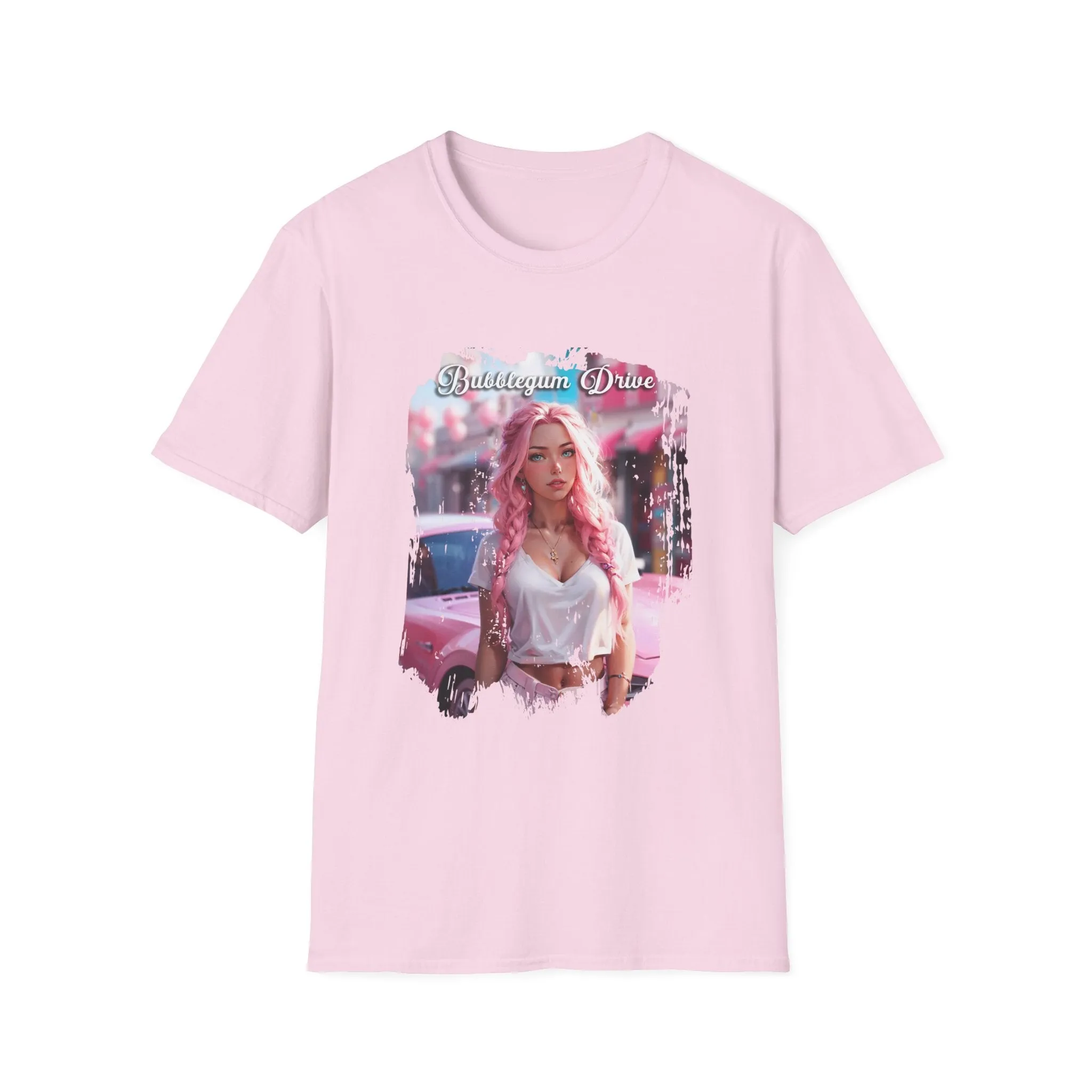 Unisex Softstyle T-Shirt - Bubblegum Drive, Elegant Pink Car